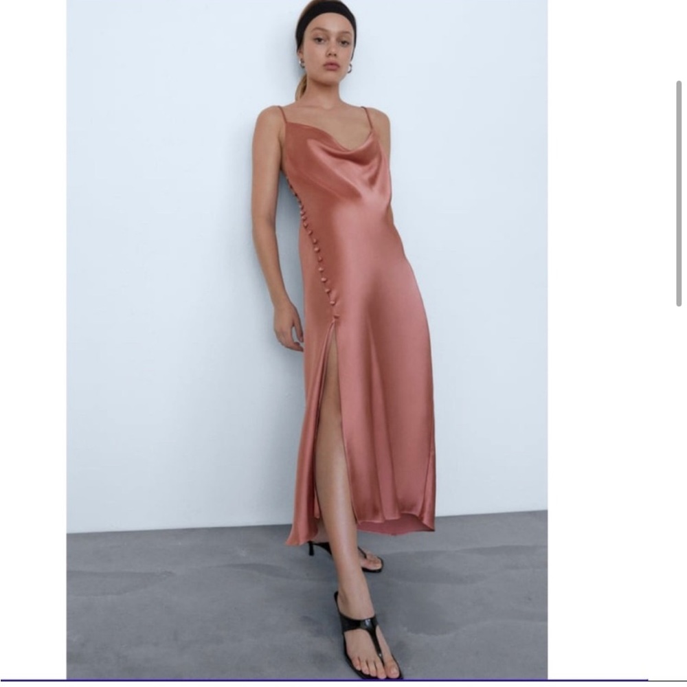 Zara Satin Slip Midi Dress in Dusty Rose